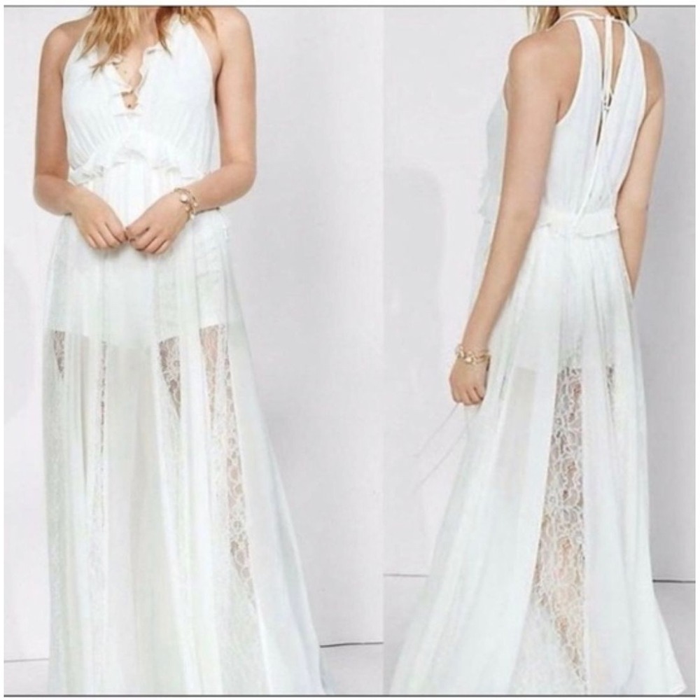 NWT Size M Express Lace Deep V Maxi Dress Romper Boho Euro Summer Beach Wedding - Picture 2 of 10